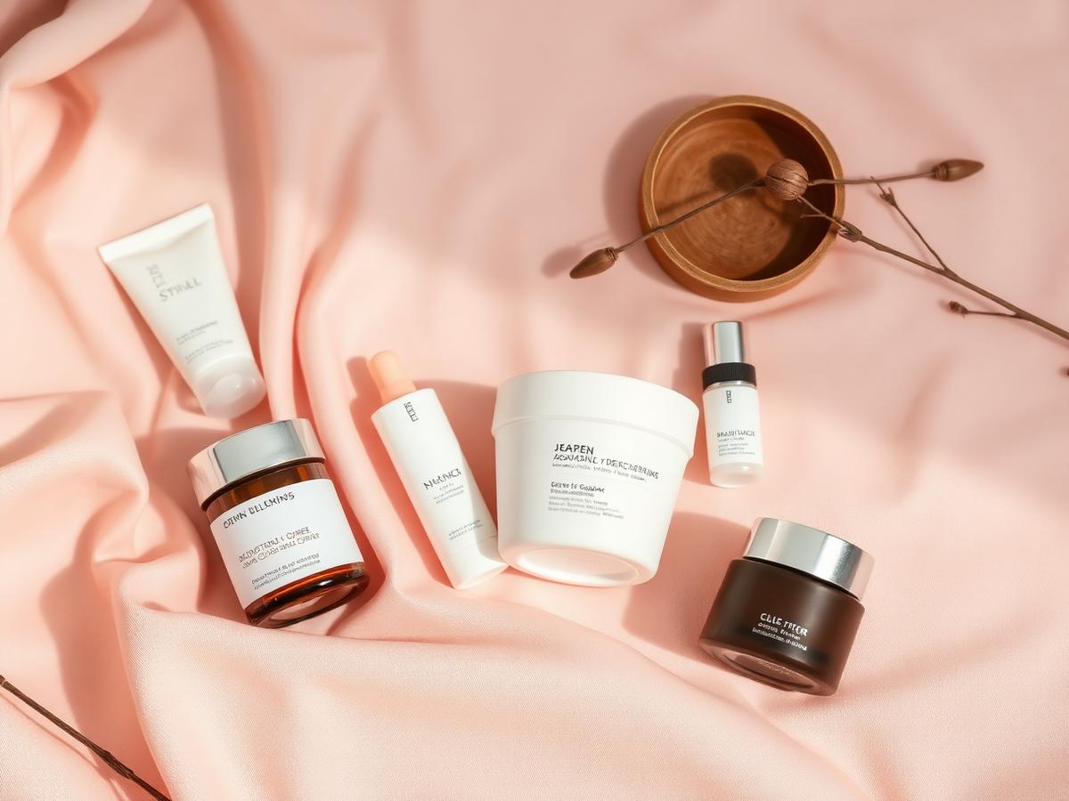 Skincare and wellness products arranged on blush pink fabric